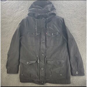 Levi's Women's Black Hooded Parka Jacket XL Quilted Lined Drawstring‎ Pockets